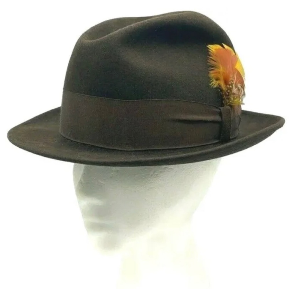 Classic Vintage Stetson Mallory Brown Fedora Hat W/ Feathers Size Medium 7-7 1/8